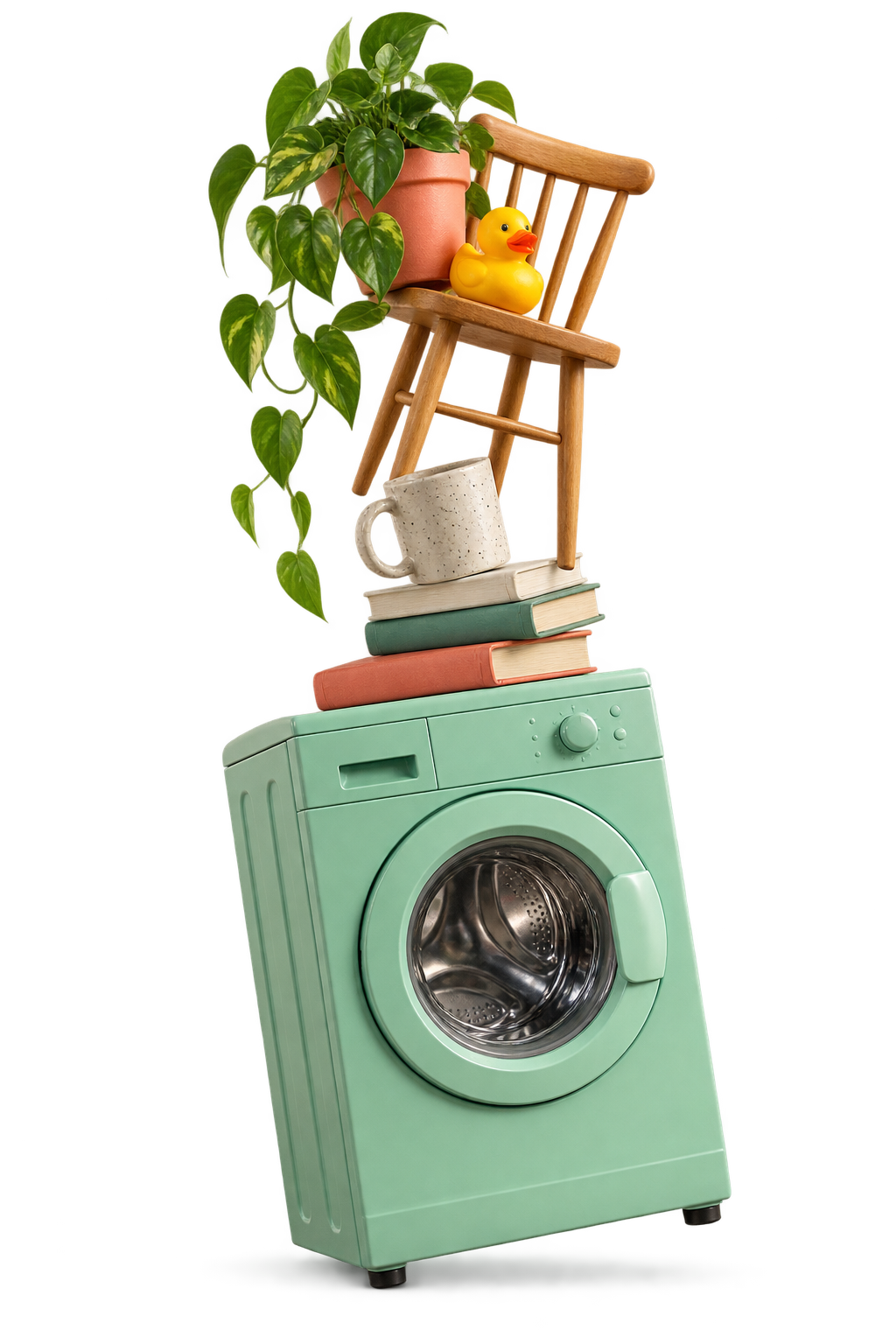 Illustration : une machine à laver menthe soutient une pile improbable de livres, une tasse, une chaise et un canard.
